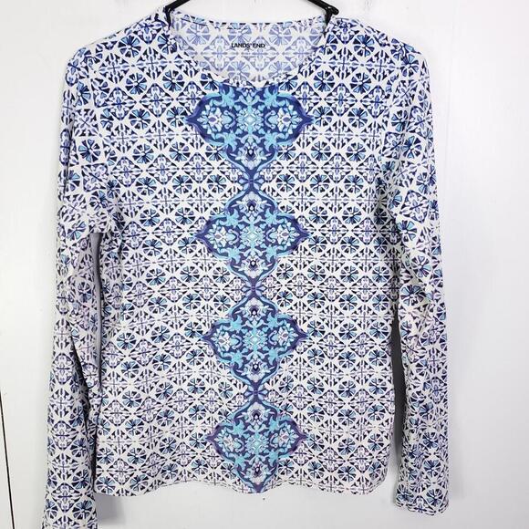 Lands End Top Womens Small Long Sleeve Stretchy Flower All OVer Maximalist Print - Picture 1 of 8